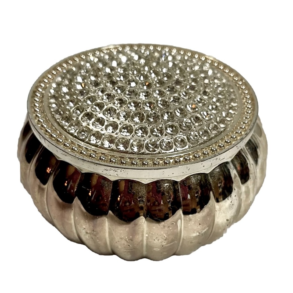 Vintage Silvertone Metal Ribbed
Round Jewelry Trinket Jar
Rhinestone Covered Lid